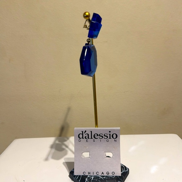 Vintage Dalessio Design Chicago Blue Plastic Crystal Dangle Earrings Clip on 80s - Picture 4 of 9
